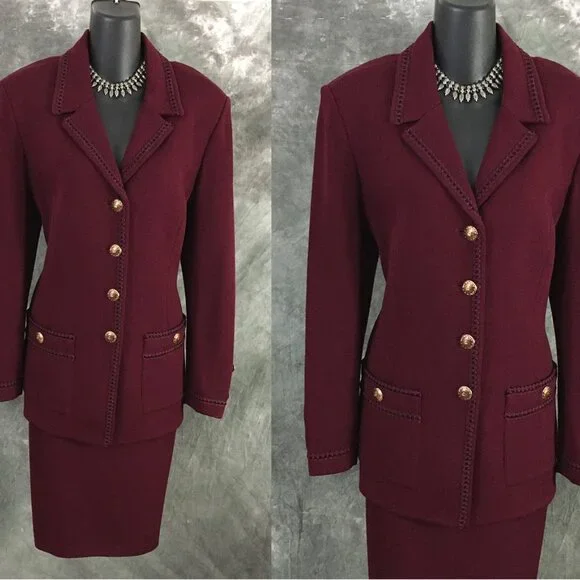 BEAUTIFUL st john collection knit burgundy jacket skirt suit size 10 12 - Picture 2 of 10